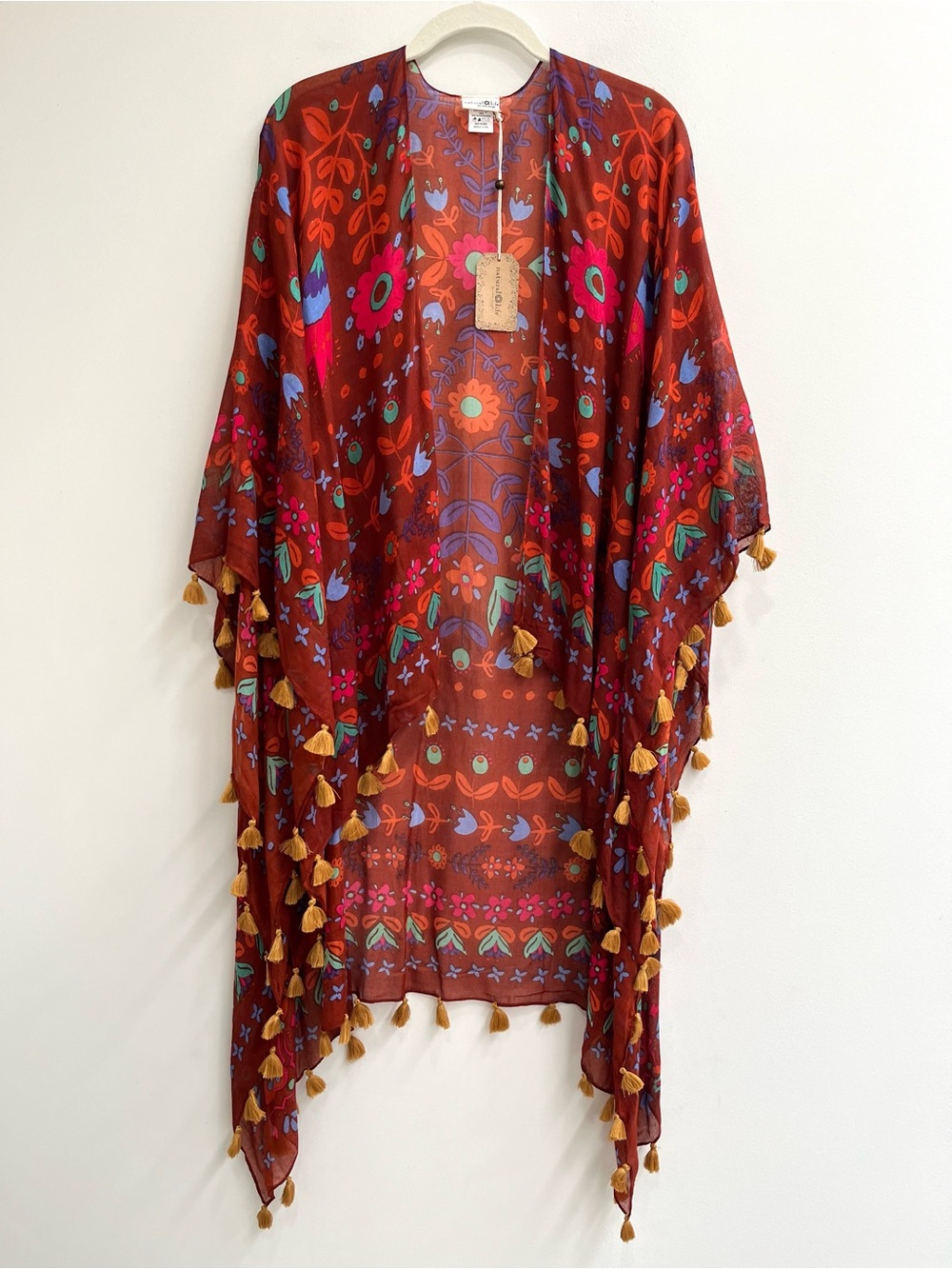 Natural Life Soleil Tassel Kimono in the Rust Floral Border Red Floral Boho OS